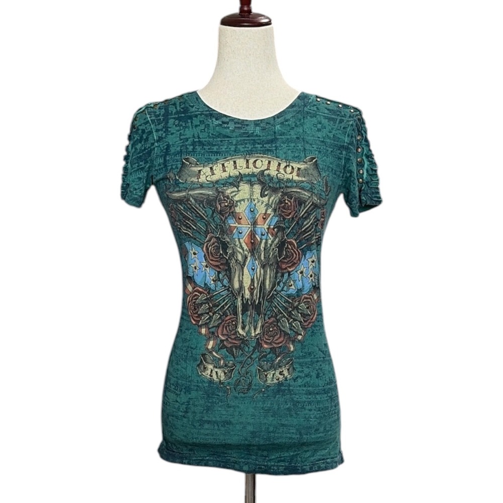 Affliction Women Teal Skull Roses Studded Distressed Graphic T-Shirt Small 2000s